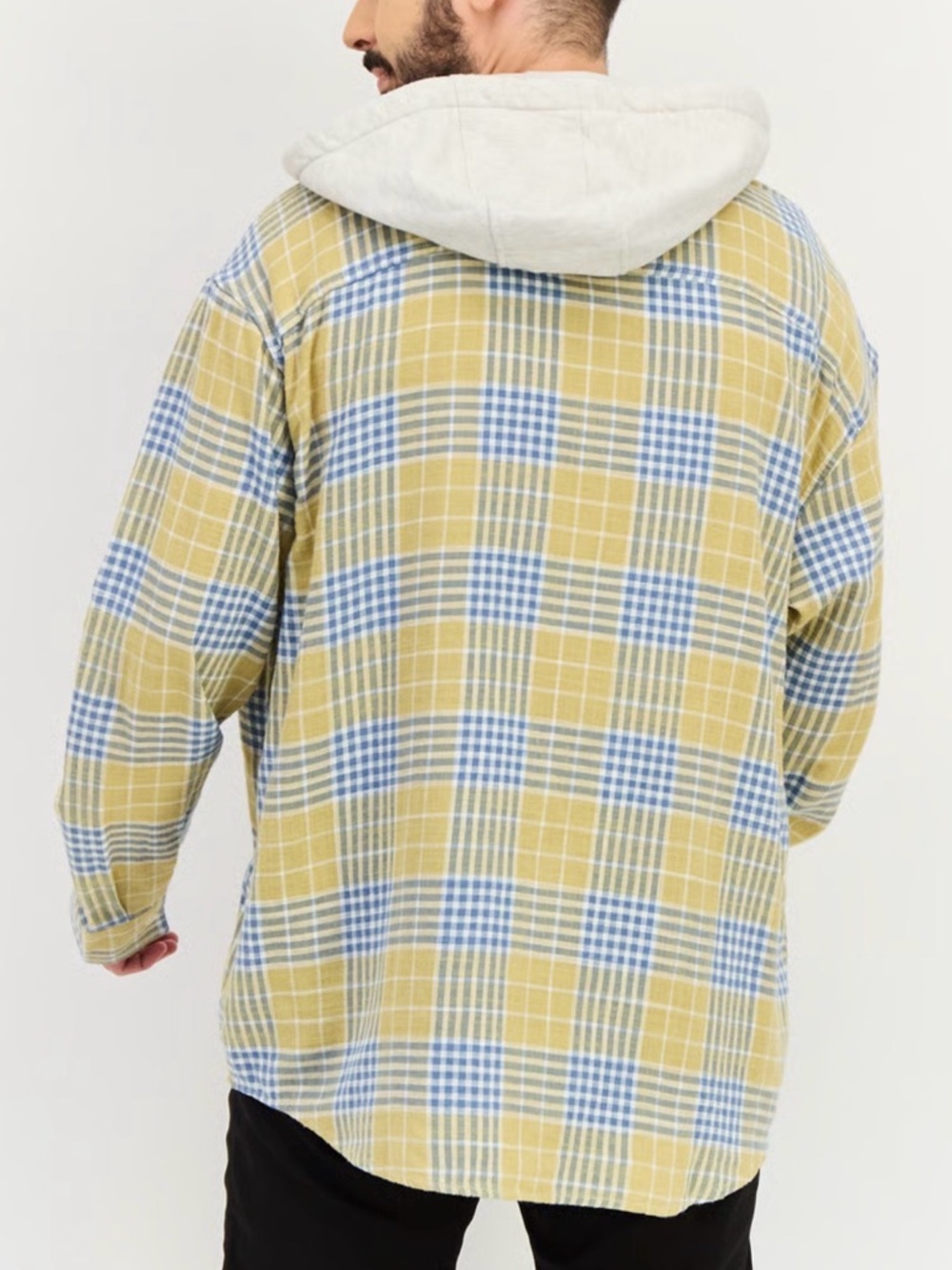 American Eagle Outfitters Yellow and Light Blue Plaid Hooded Lightweight Jacket